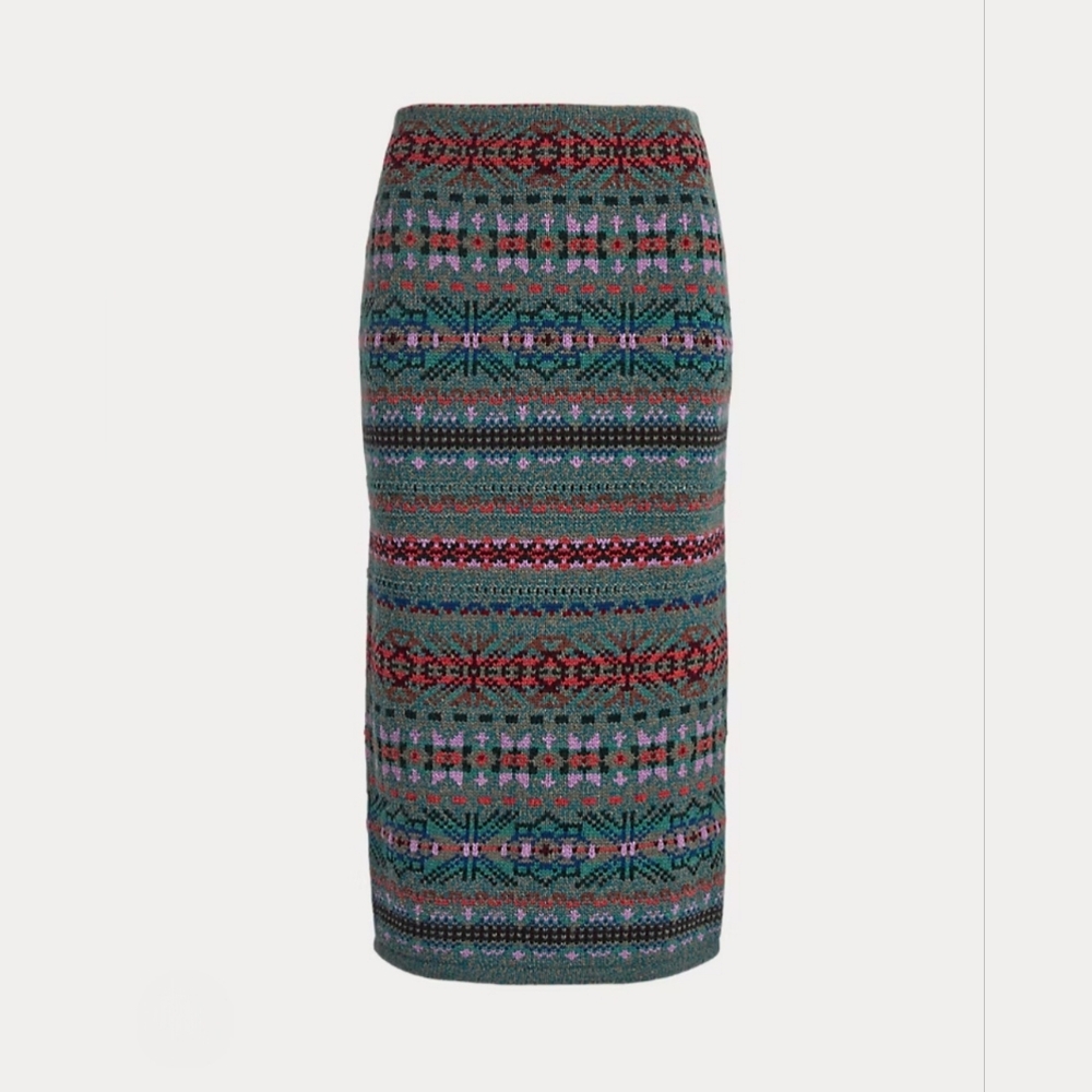 RALPH LAUREN Fair Isle Intarsia Wool-Blend Pencil Midi Skirt Thick L PETITE